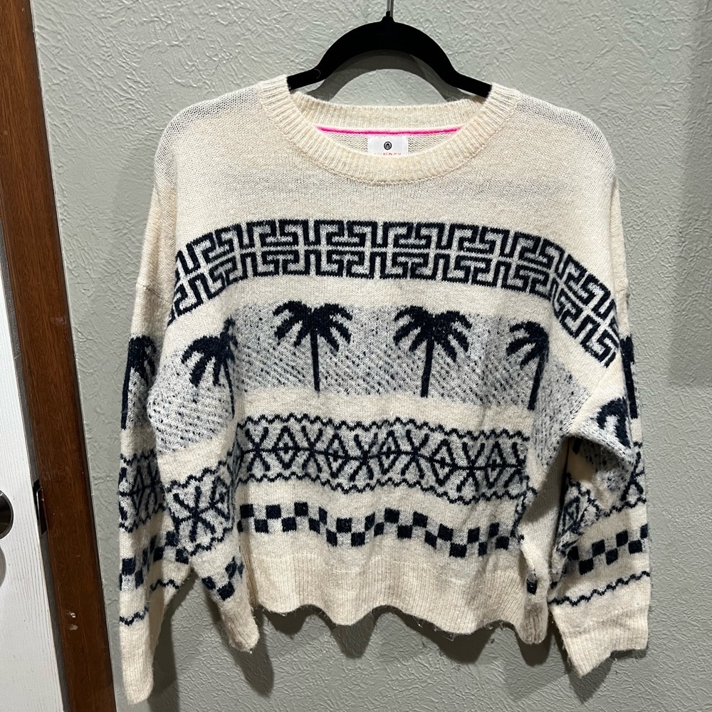 Sundry Size 2 Cream and Navy Palm Pattern Crewneck Sweater - Women Wool Blend